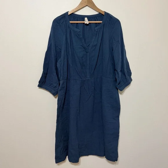 Pact Organic Cotton Coastal Double Gauze Peasant French Navy Midi Dress Size XL - Picture 2 of 6